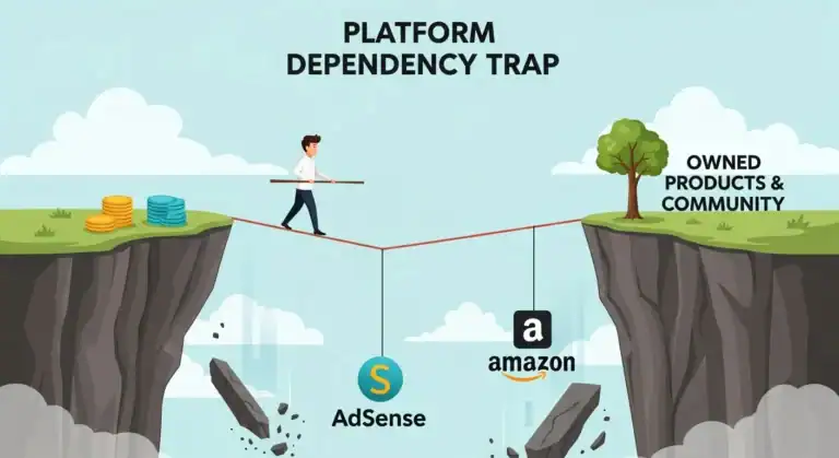 Platform dependency trap illustration: Balancing between Adsense/Amazon reliance and owning your products/community.